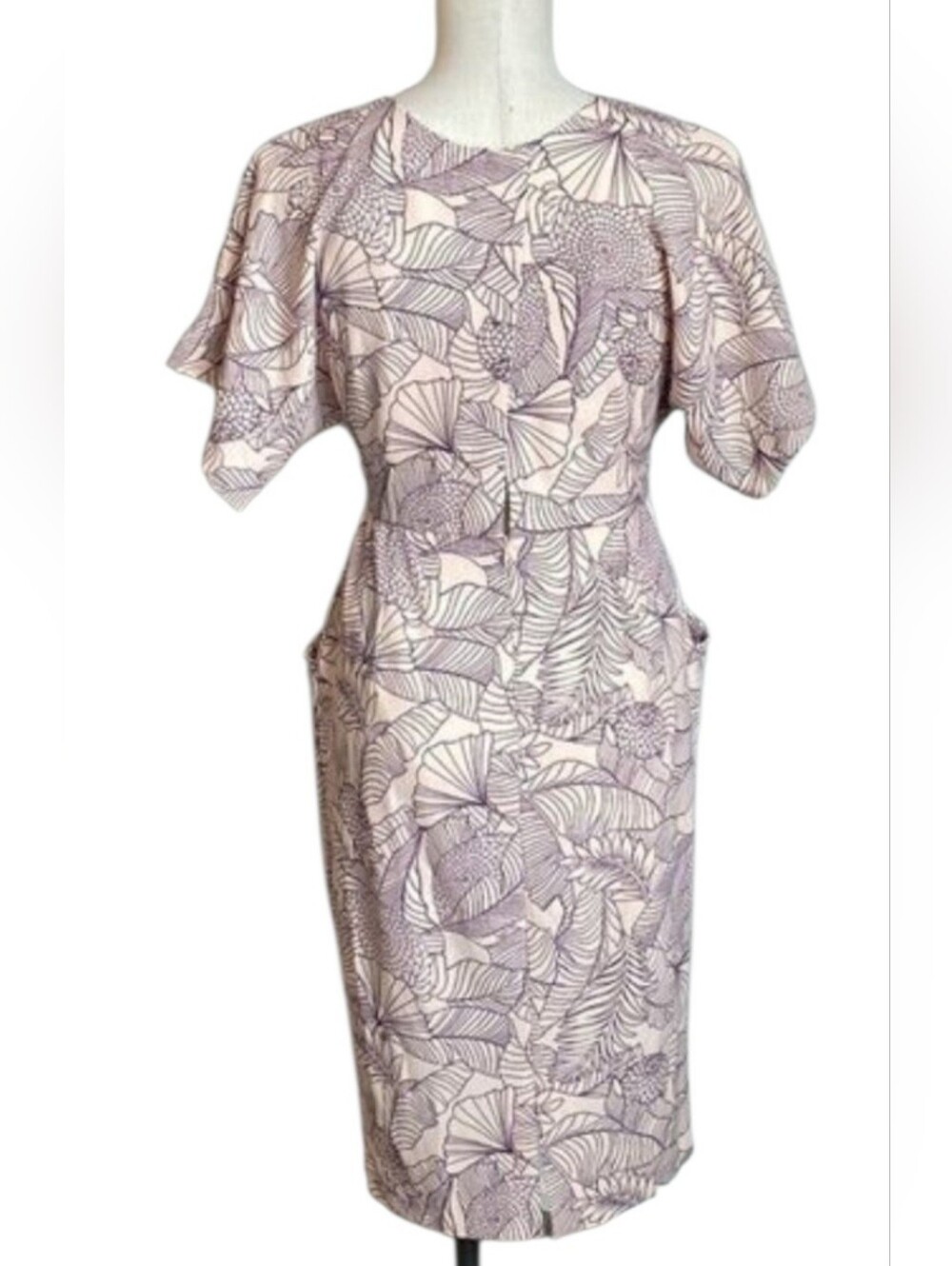 Peach Floral Leaf Print Flutter Sleeve Dress